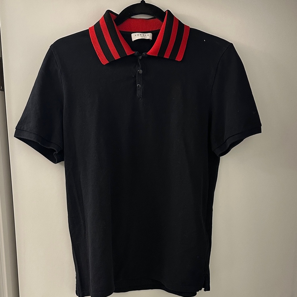 Sandro Black Polo with Red Striped Collar